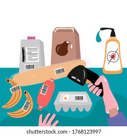 Supermarket during a pandemic. Safety requirements for stores during a pandemic. A seller in gloves punch products at the checkout. Nice vector flat illustration in cartoon style and in trendy colors.