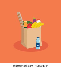 supermarket eco paper bag full of food. Grocery delivery concept. Flat vector illustration on orange background. Kraft paper shopping bag with Healthy organic fresh and natural food. 