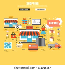 Supermarket and e-commerce banners flat concept. Online shopping mall center. Internet sale and business processes, web infographic. Best solution for graphic designers. Vector illustration.