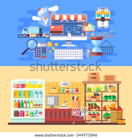 Supermarket and e-commerce banners flat concept. Online shopping mall center. Internet sale and business processes, web infographic. Best solution for graphic designers. Vector illustration.