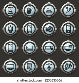 Supermarket electronic vector icons in the stylish round buttons for mobile applications and web