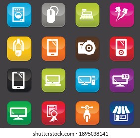 Iconos vectoriales electrónicos de supermercado para el diseño de la interfaz de usuario. Botones de color sobre un fondo oscuro