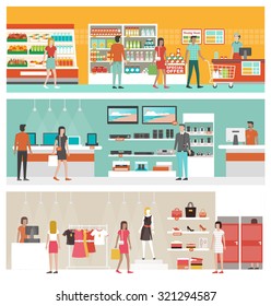 Supermarket, electronics store and clothing shop banner set with people shopping and buying products on shelves