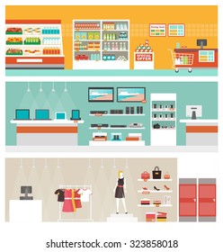 Supermarket, Electronics Store And Clothing Shop Banner Set, Retail And Commerce Concept