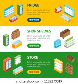 Supermarket Elements Banner Horizontal Set Isometric View Shelf and Showcase Different Types. Vector illustration