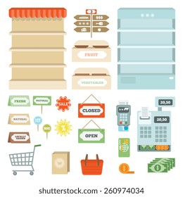 Supermarket elements set with shelves open and closed signs isolated vector illustration
