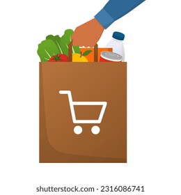 Supermarket employee holding a shopping bag full of groceries