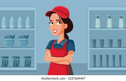 
Supermarket Employee Standing with Arms Crossed Welcoming Clients Vector Illustration. Cheerful grocery store worker waiting for customers at the aisle 
