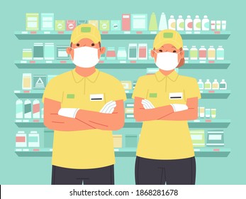 Supermarket Employees Wearing Masks And Protective Gloves. Grocery Store Workers Man And Woman In Uniform. Vector Illustration In Flat Style