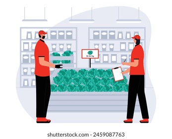 Supermarket employees working together to check various products, vector illustration.