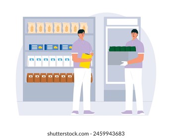 Supermarket employees working together to organize and check new products, vector illustration.