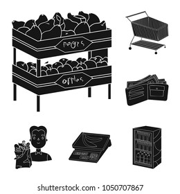 Supermarket and equipment black icons in set collection for design. Purchase of products vector symbol stock web illustration.