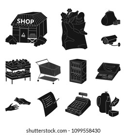 Supermarket and equipment black icons in set collection for design. Purchase of products vector symbol stock web illustration.