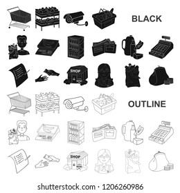 Supermarket and equipment black icons in set collection for design. Purchase of products vector symbol stock web illustration.