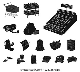 Supermarket and equipment black icons in set collection for design. Purchase of products vector symbol stock web illustration.