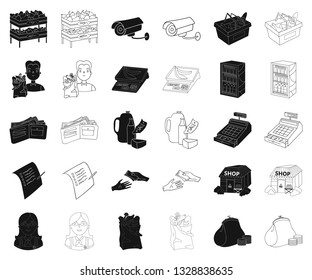 Supermarket and equipment black,outline icons in set collection for design. Purchase of products vector symbol stock web illustration.