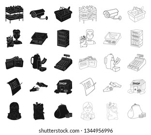 Supermarket and equipment black,outline icons in set collection for design. Purchase of products vector symbol stock web illustration.