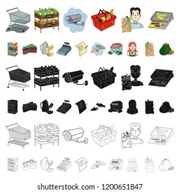 Supermarket and equipment cartoon icons in set collection for design. Purchase of products vector symbol stock web illustration.