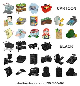 Supermarket and equipment cartoon icons in set collection for design. Purchase of products vector symbol stock web illustration.