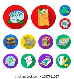 Supermarket and equipment flat icons in set collection for design. Purchase of products vector symbol stock web illustration.