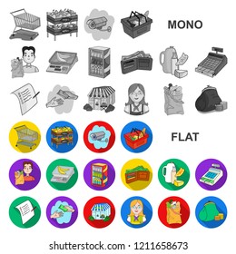 Supermarket and equipment flat icons in set collection for design. Purchase of products vector symbol stock web illustration.