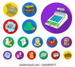 Supermarket and equipment flat icons in set collection for design. Purchase of products vector symbol stock web illustration.