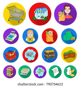 Supermarket and equipment flat icons in set collection for design. Purchase of products vector symbol stock web illustration.