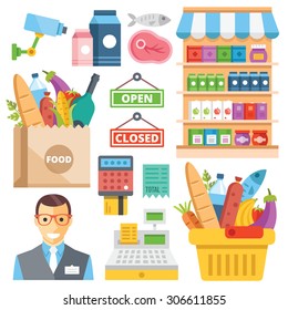 Supermarket equipment, food assortment, food retail flat icons set. Simple colorful flat design concept for web banners, web sites, printed materials, infographics. Creative vector illustrations