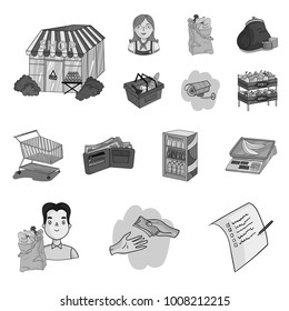 Supermarket and equipment monochrome icons in set collection for design. Purchase of products vector symbol stock web illustration.