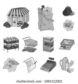 Supermarket and equipment monochrome icons in set collection for design. Purchase of products vector symbol stock web illustration.