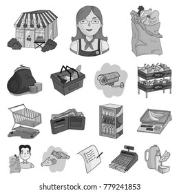 Supermarket and equipment monochrome icons in set collection for design. Purchase of products vector symbol stock web illustration.