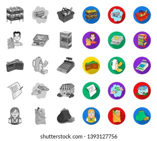 Supermarket and equipment mono,flat icons in set collection for design. Purchase of products vector symbol stock web illustration.