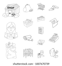 Supermarket and equipment outline icons in set collection for design. Purchase of products vector symbol stock web illustration.