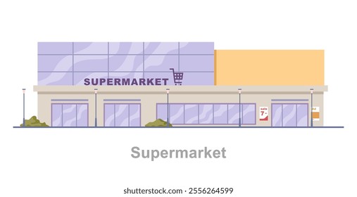 Supermarket exterior facade of municipal building. Vector flat cartoon style, isolated large grocery store with products and goods for customers. Shop with household stuff and food, beverages