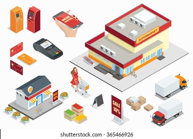 Supermarket exterior, Online shop, credit cart, pos terminal, box, minimarket, banktomat, woman holding shopping cart.  Vector isometric illustration.