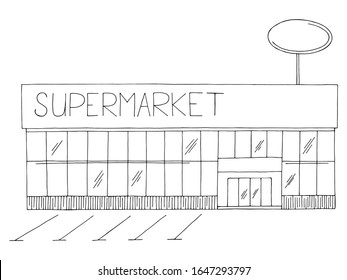 Supermarket exterior store building graphic black white isolated sketch illustration vector