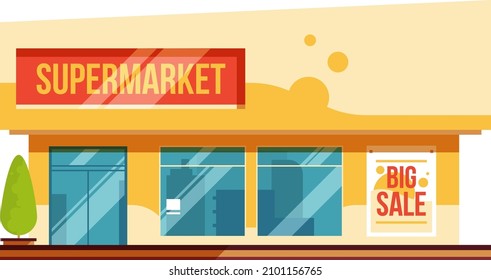 Supermarket facade in cartoon style. Urban store front