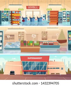 Supermarket Facade. Grocery Food Market Interior Mall Inside Cashier Vector Cartoon Illustrations. Supermarket And Grocery, Facade Retail, Hypermarket Showcase. Super Market Facade, Groceries And Shop