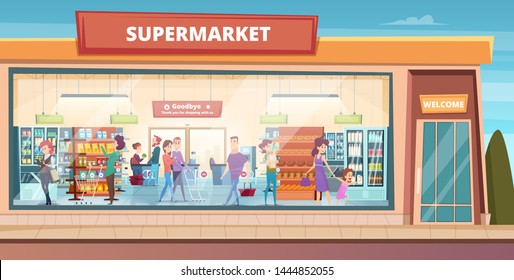 Supermarket facade. People shopping in product hypermarket grocery food store with male and female buyers vector background. Hypermarket and supermarket, shopping store with people illustration