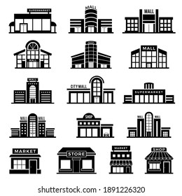 Supermarket facade. Retail shop exterior commercial mall buildings recent vector icons collection of store
