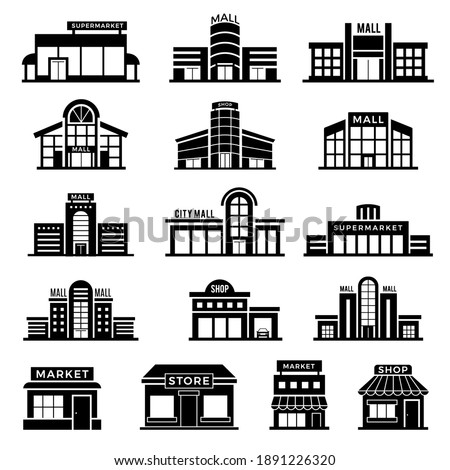 Supermarket facade. Retail shop exterior commercial mall buildings recent vector icons collection of store