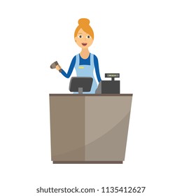 Supermarket female cashier in uniform and apron stands behind cash desk isolated on white background - flat cartoon smiling young woman working in store, vector illustration.