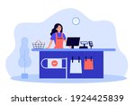 Supermarket female cashier working at checkout. Cash register worker standing at counter, waiting customers. Vector illustration for shopping, job, buying food concept