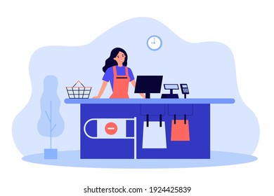 Supermarket female cashier working at checkout. Cash register worker standing at counter, waiting customers. Vector illustration for shopping, job, buying food concept
