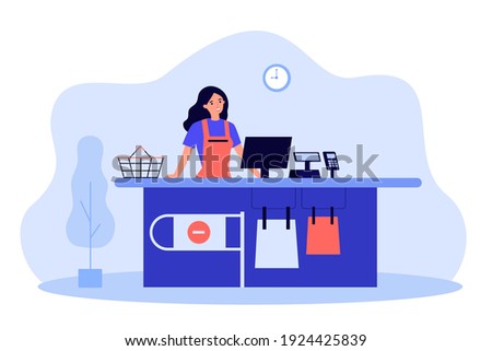 Supermarket female cashier working at checkout. Cash register worker standing at counter, waiting customers. Vector illustration for shopping, job, buying food concept