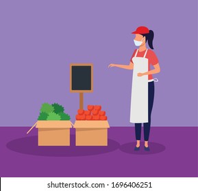 Supermarket Female Worker With Face Mask Vector Illustration Design