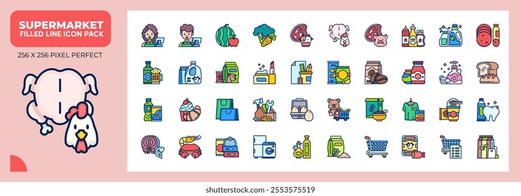 Supermarket Filled Line Icons Pack, Contain Such as Meat, Fish, Vegetables, Electronic and More