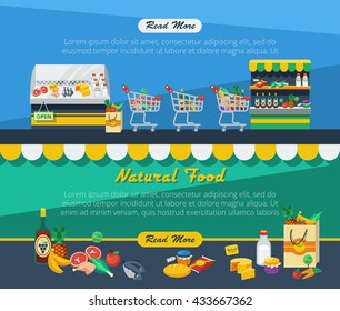 Supermarket flat horizontal banners with store interior and advertising of natural food products vector illustration 
