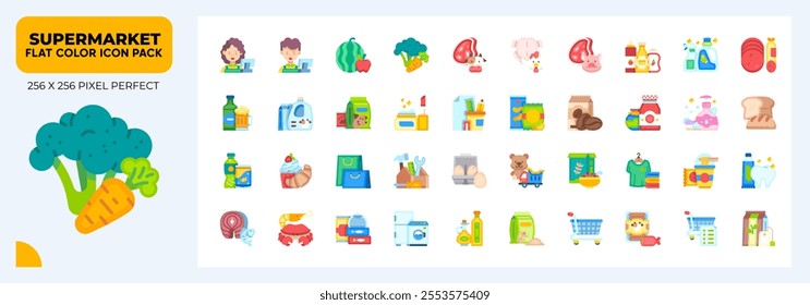 Supermarket Flat Icons Pack, Contain Such as Meat, Fish, Vegetables, Electronic and More