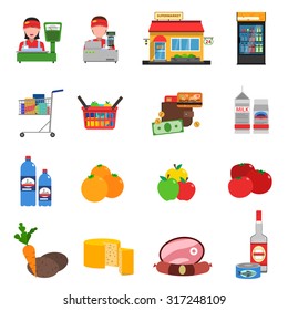 Supermarket flat icons set with groceries cash register and money isolated vector illustration